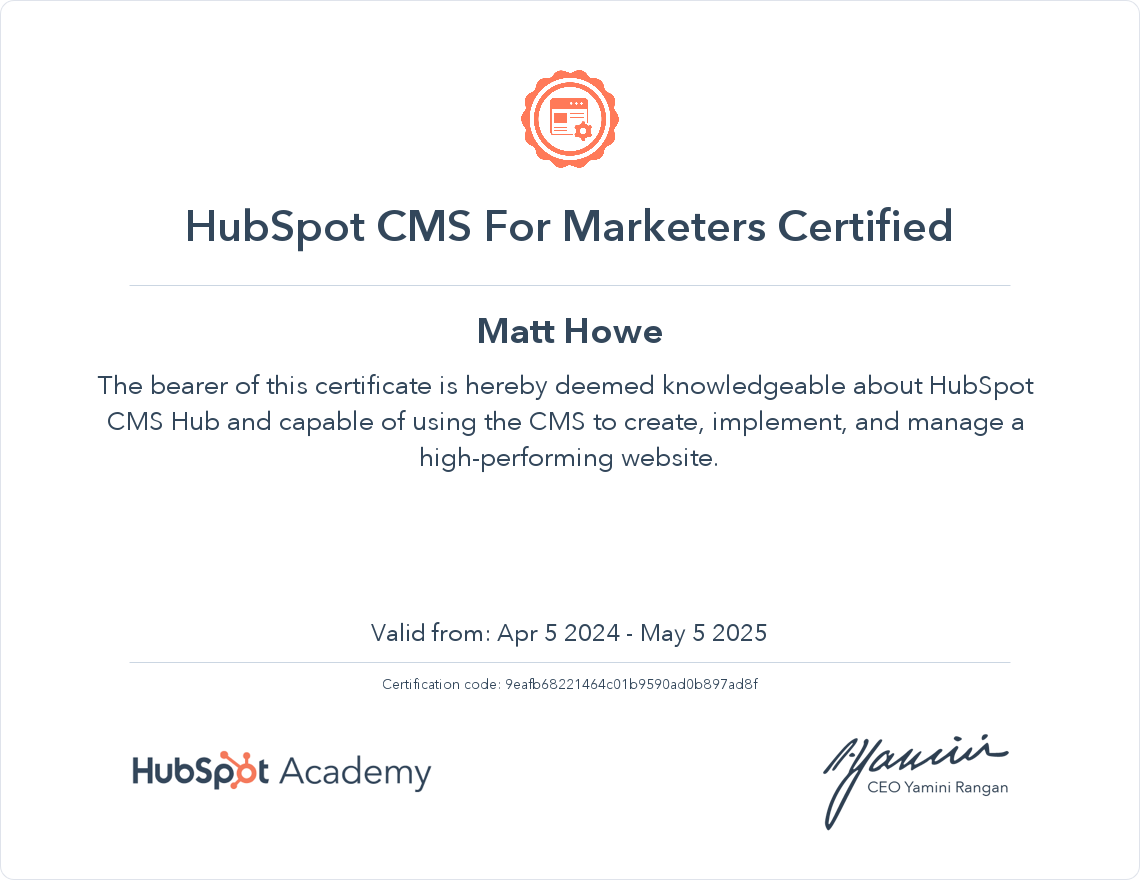 screenshot of HubSpot Certification