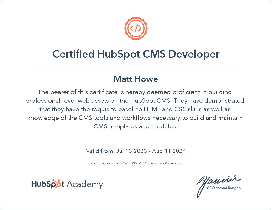 screenshot of HubSpot Certification